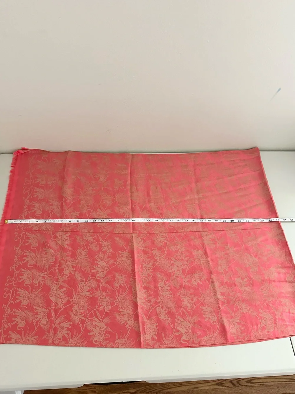 100% Silk Elephant Jacquard Scarf Wrap Shawl Coral Pink Fringe 75x26 Boho Travel